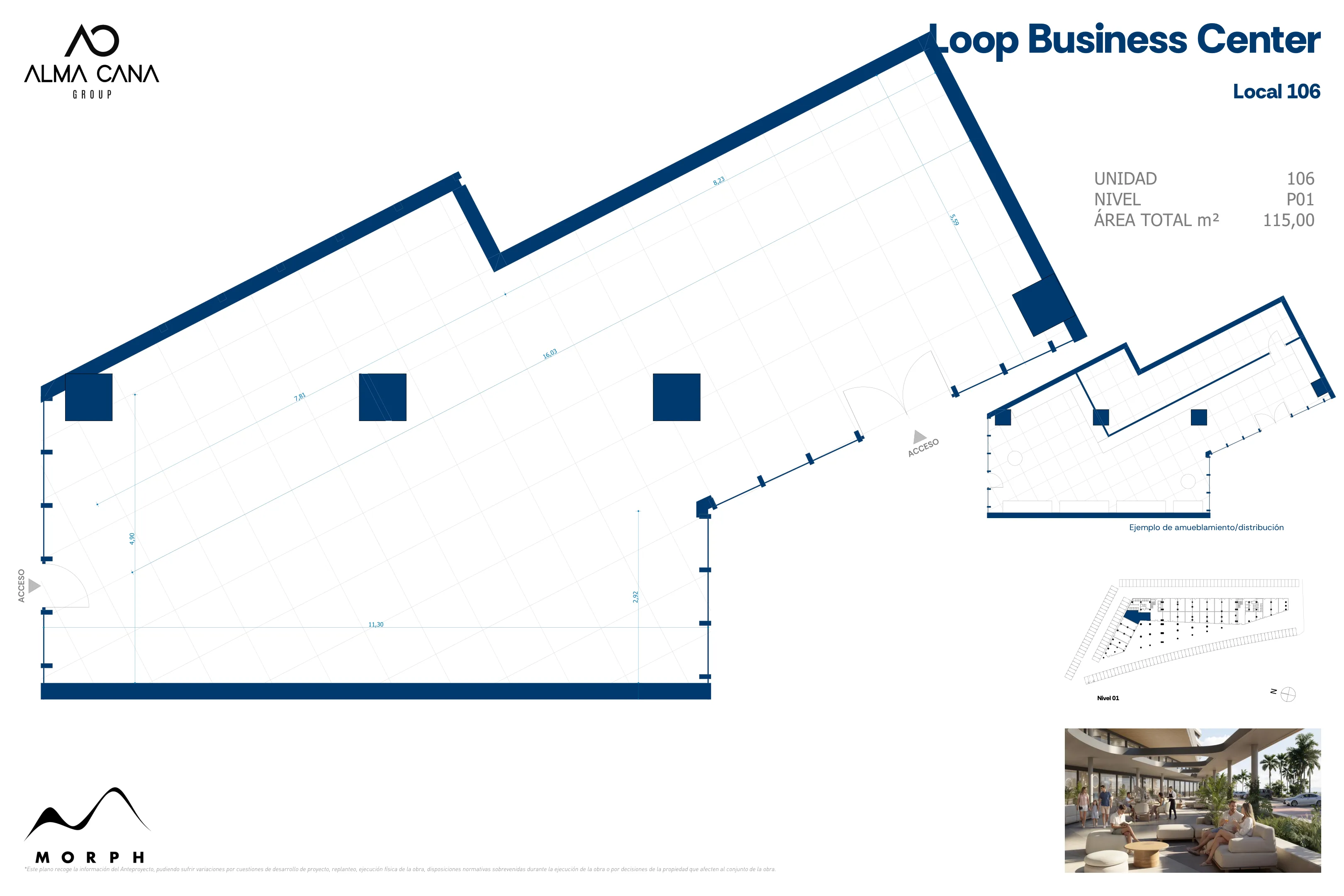 Local 106, nivel P01, 115.00 m²